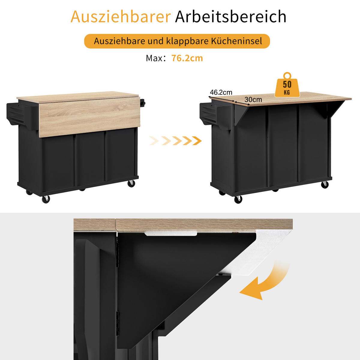 KÜCHENINSEL mit ausziehbarer Arbeitsplatte 112 cm Schwarz/Natur - Schwarz, Holz (46.2/92.7/131.2cm) - Beauniv