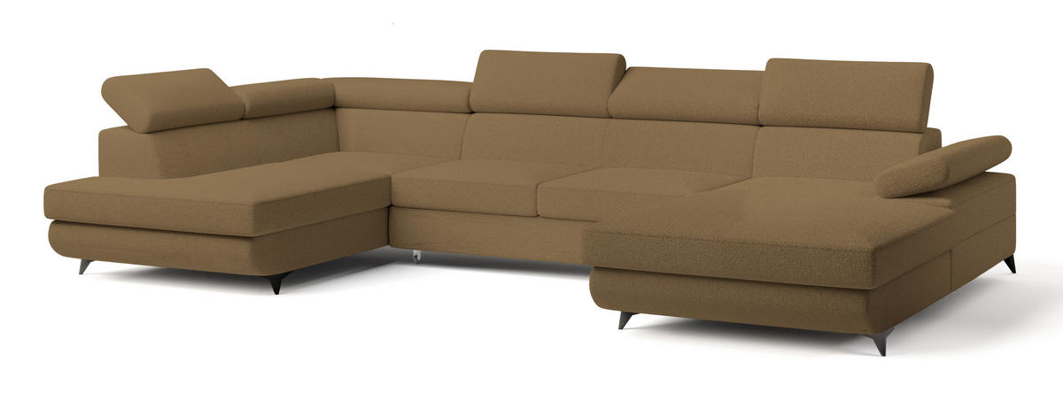 WOHNLANDSCHAFT RUBANO L-S Orange Boucle-Stoff mit Schlaffunktion - Orange, Holz (339/89/190cm) - MASSENO