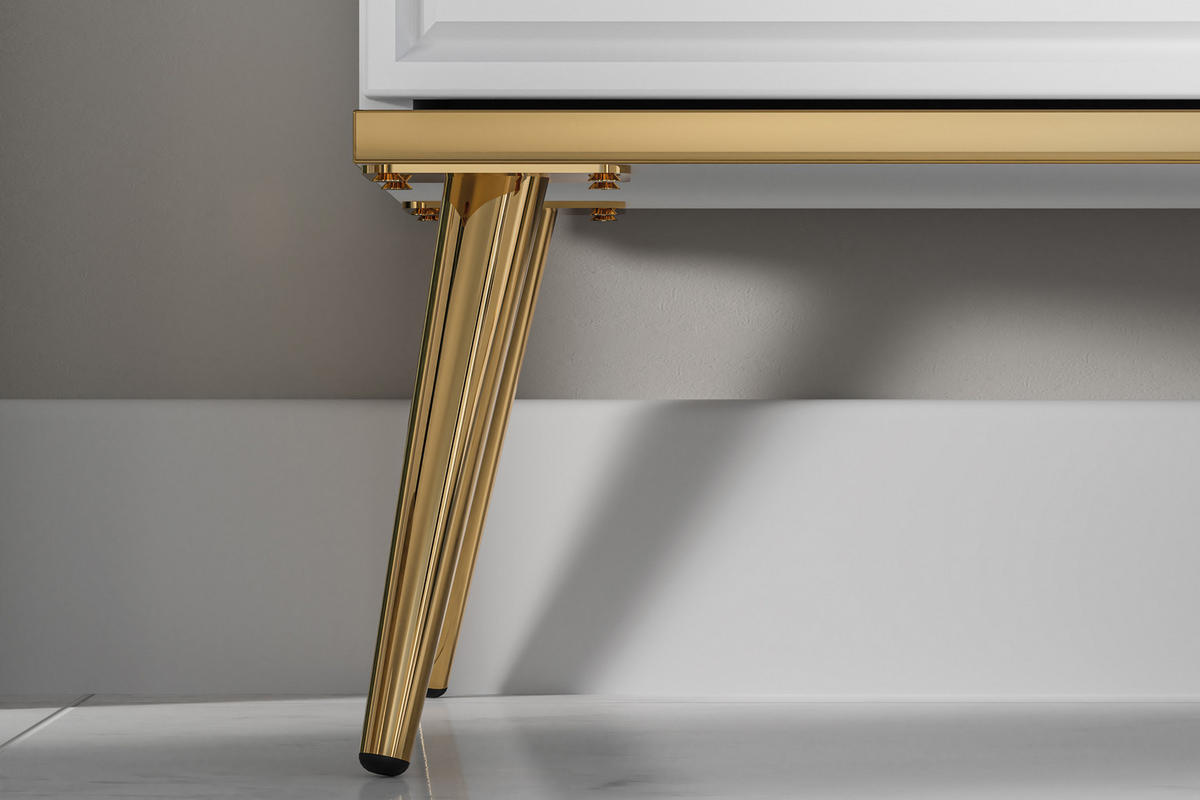 TV-LOWBOARD ISORIA auf hohen goldenen Beinen, Glas Weiß - Goldfarben/Weiß, Holz/Metall (160/53/40cm) - KONSIMO®