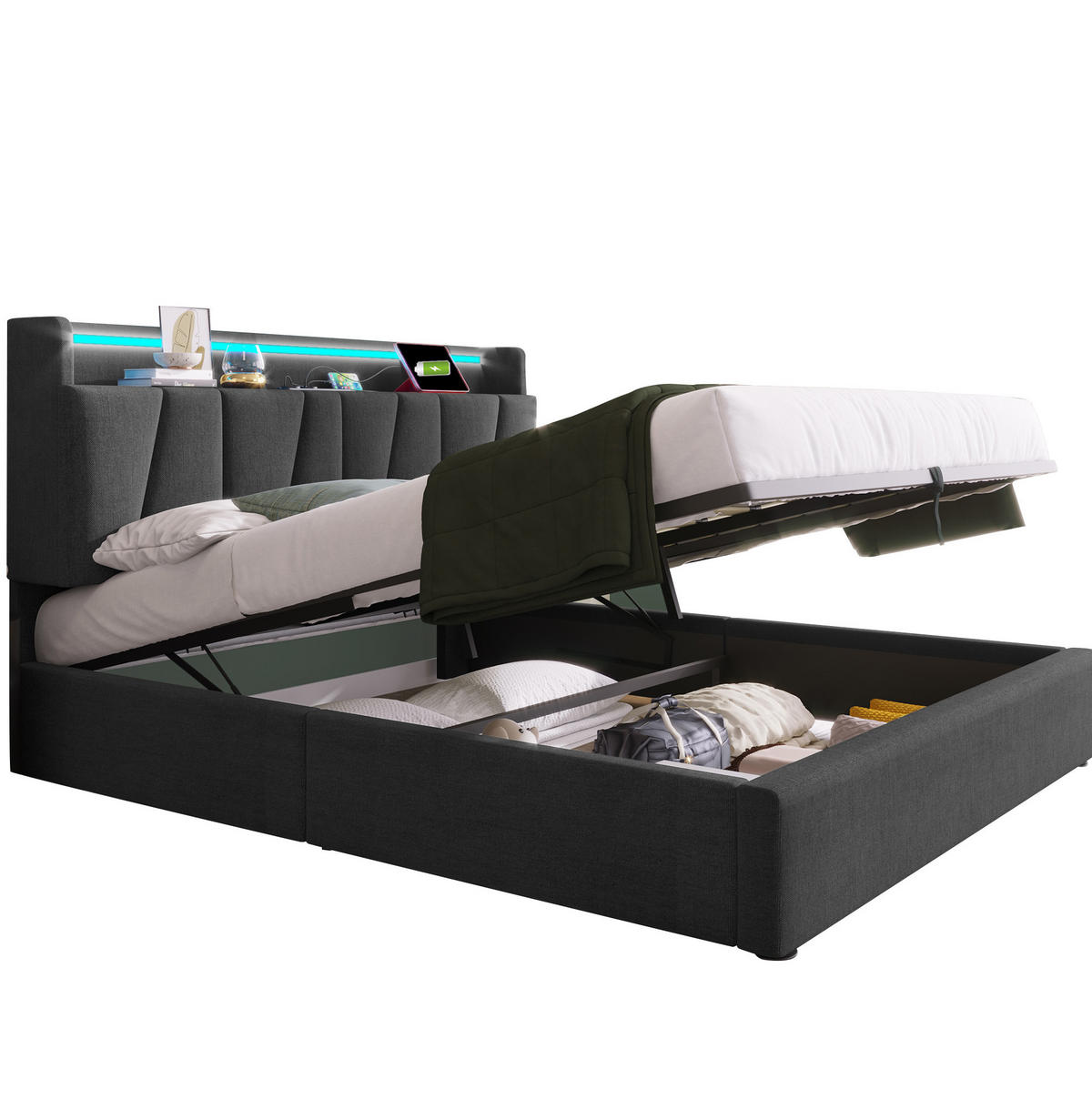 POLSTERBETT 140/190 cm mit LED, USB, Steckdosen, Stauraum-Kopfteil und Bettkasten, Leinen, Grau - Grau, Textil (140/190cm) - Redom