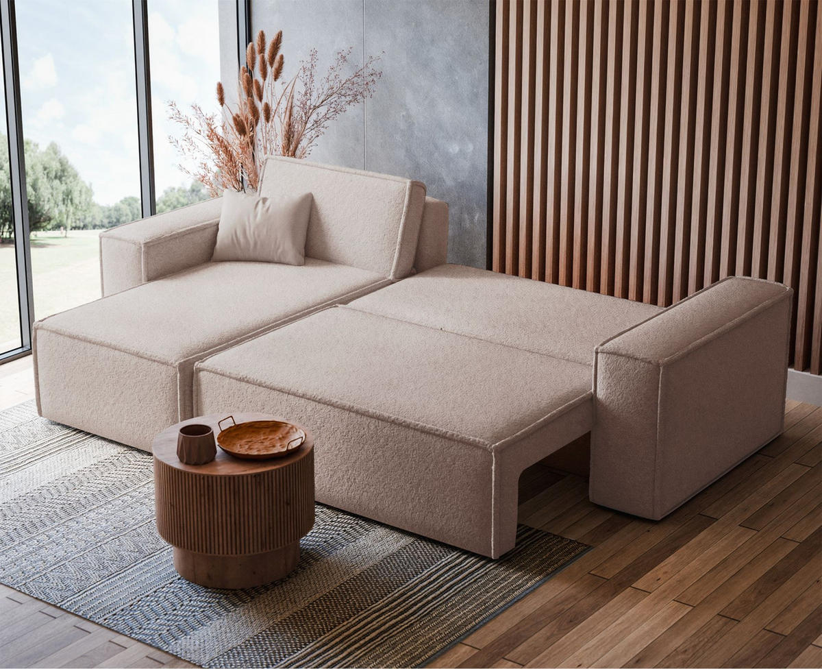 ECKSOFA Scarlo Hellbraun Bouclé-Bezug - Hellbraun/Schwarz, Kunststoff/Textil (244/145cm) - Selsey