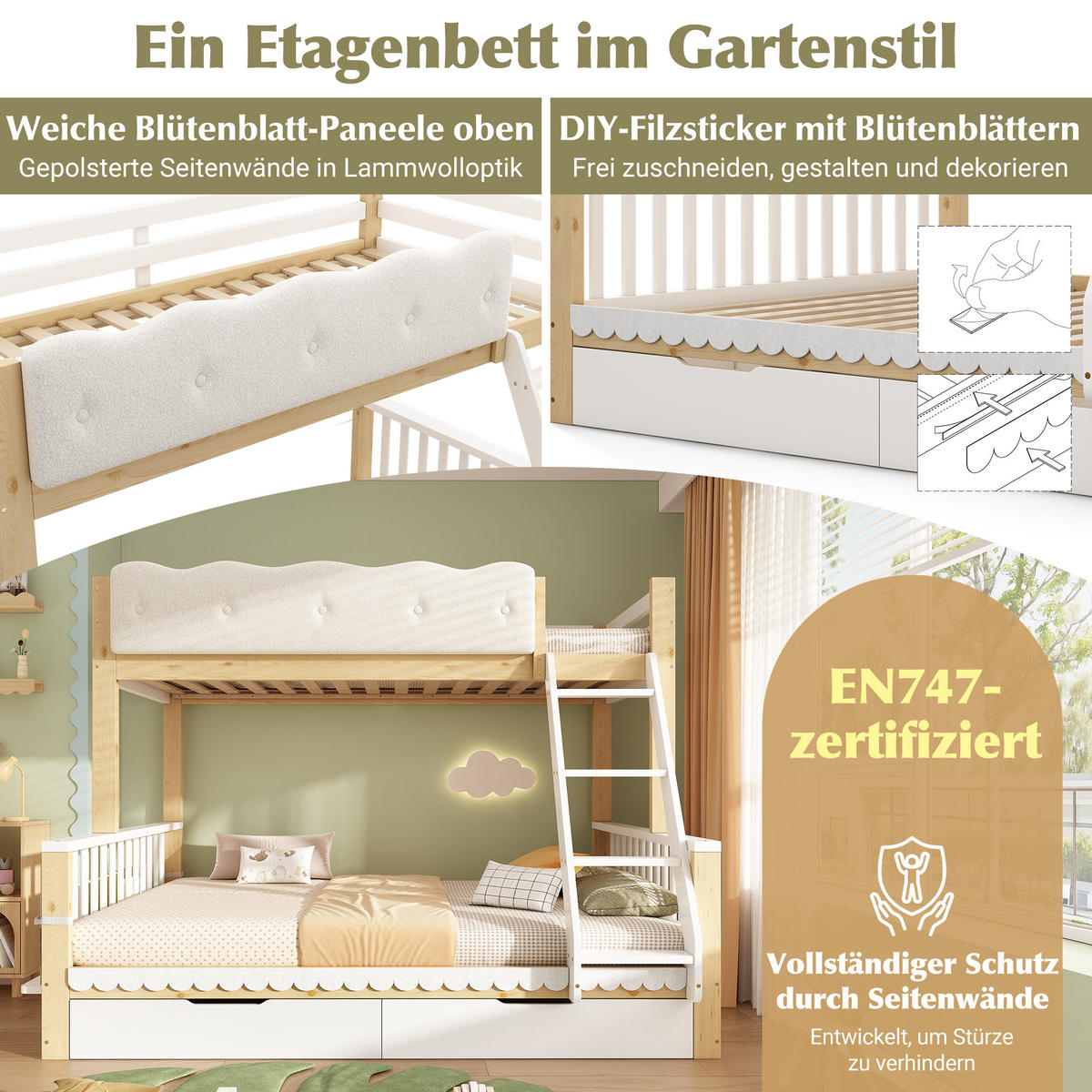 ETAGENBETT 90/200 cm & 140/200 cm in Weiß & Eiche mit Schubladen und Zeitschriftenständer - Eichefarben/Weiß, Holz/Holzwerkstoff (140/200cm) - CHICFURN