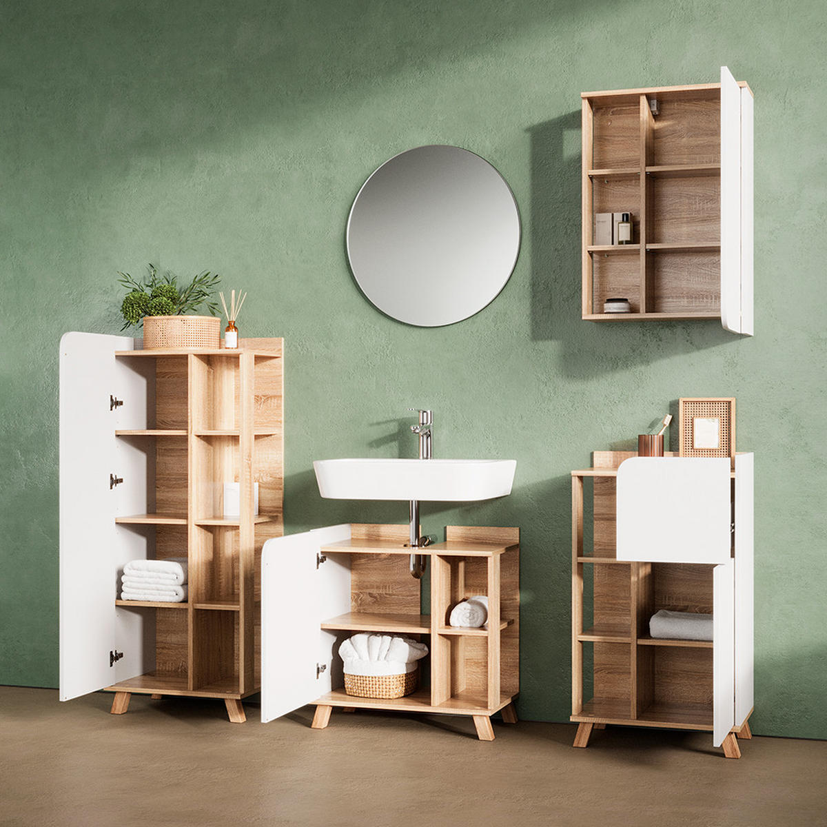 BADSCHRANK Marano Sonoma/Weiß 50 x 75 cm mit Tür und offenen Fächern - Weiß/Sonoma Eiche, Holzwerkstoff (50/75/20cm) - Livinity®