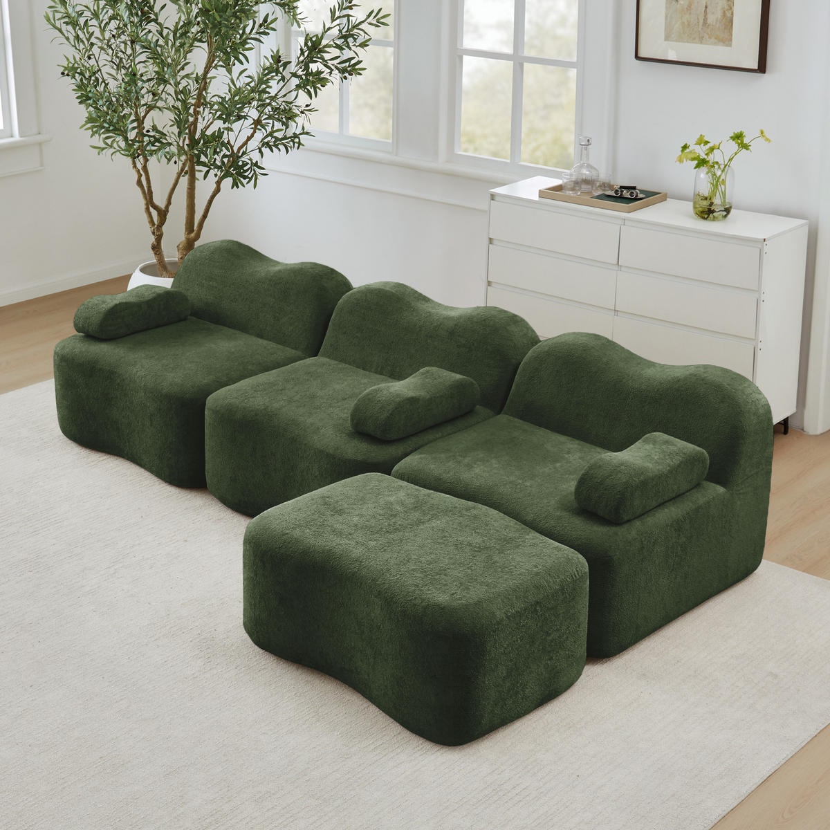 SOFA 288/167/70 cm in Grün aus Samt mit Wellenform und Hocker - Grün, Textil (167/70/288cm) - Flora Grace