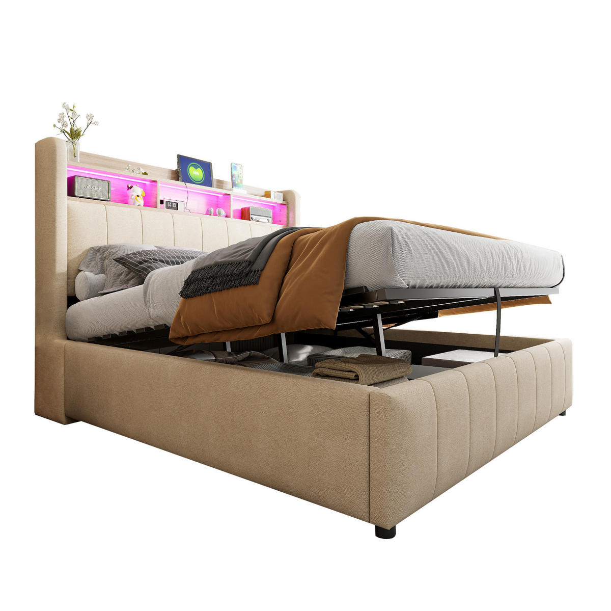 ČALÚNENÁ posteľ z ľanovej látky 140x200 cm béžová s LED osvetlením, USB-C a hydraulickým úložným priestorom - béžová, textil (140/200cm) - Modfu