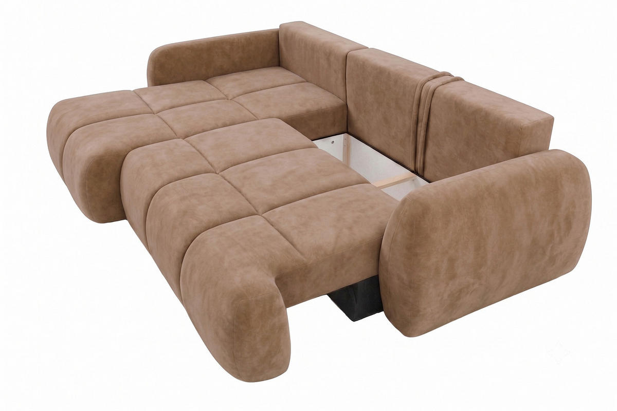 ROHOVÁ SEDAČKA s rozkládací funkcí a úložným prostorem, sametová látka Bluvel, Latte, Levá, COCO - světle hnědá, dřevo (275/180cm) - Kaiser Möbel