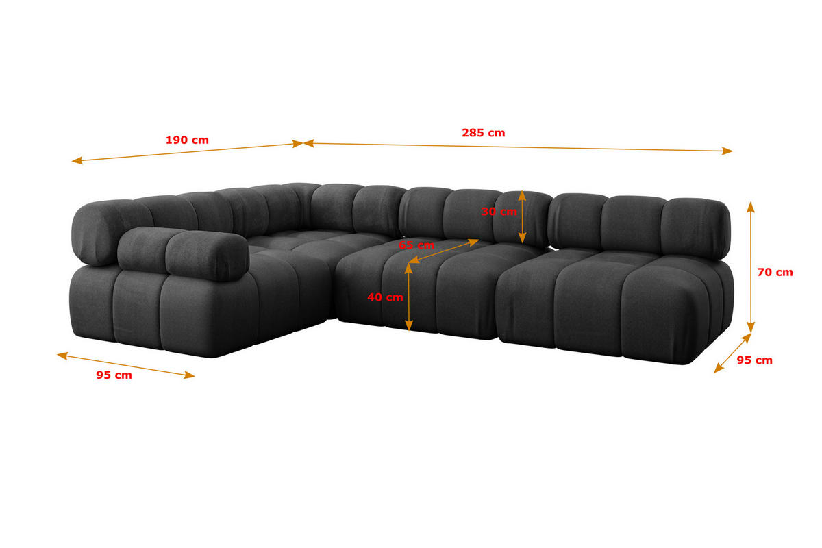 ECKSOFA modulares Sofa Mende-L2 - 285x190x70 cm Schwarz Velours - Schwarz, Holzwerkstoff/Textil (285/190cm) - ALTDECOR