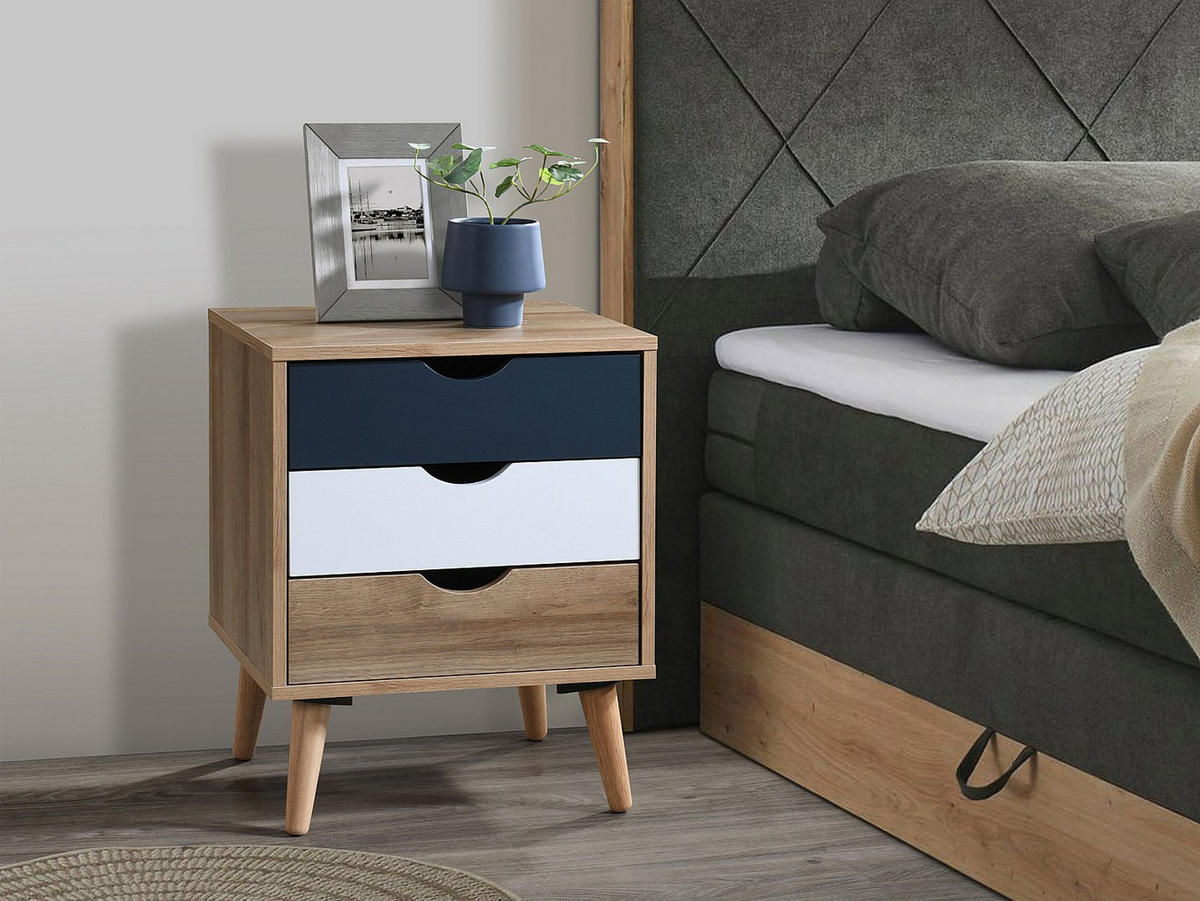NACHTTISCH mit 3 Schubladen - Holzfarben, Weiß und Blau - LURVIA - Multicolor, Holz (45/57/40.5cm) - Vente-Unique