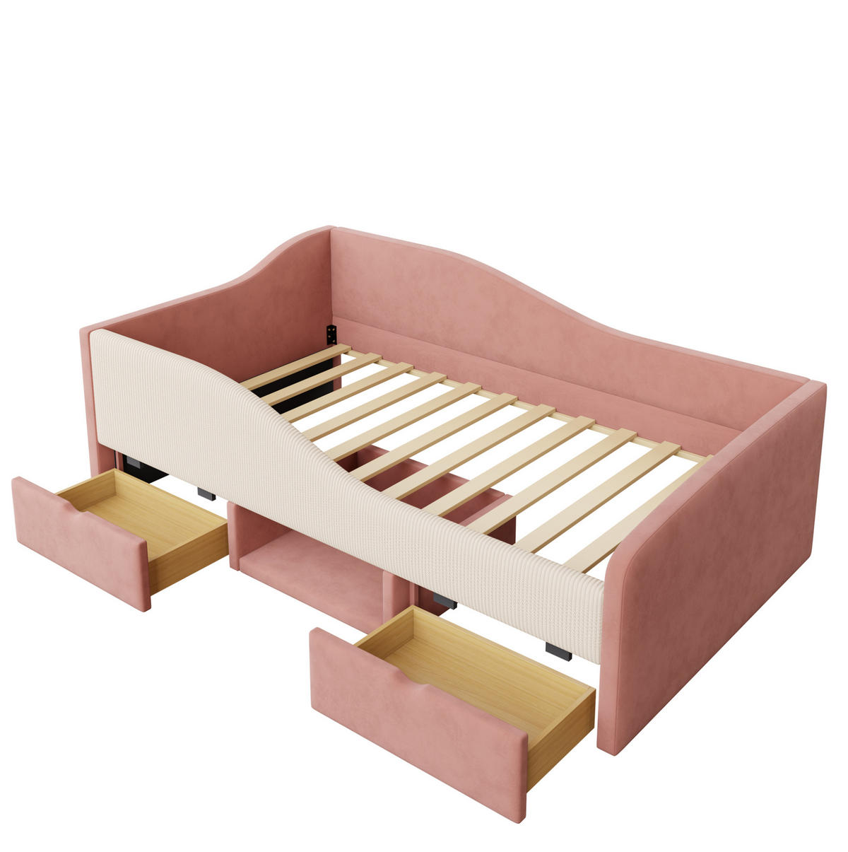 POLSTERBETT aus Samt 90x190 cm Rosa/Cremeweiß mit Schutzgitter, 2 Schubladen und Stauraum - Rosa, Textil (90/190cm) - Modfu