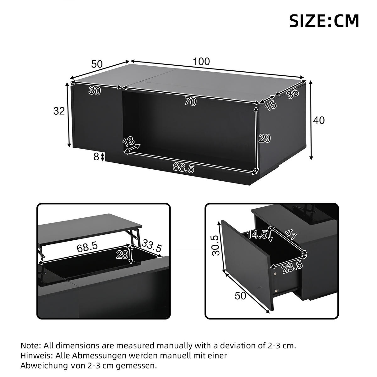 COUCHTISCH 100/50/40 cm höhenverstellbar mit verstecktem Stauraum und LED-Licht - Schwarz, Holzwerkstoff (100/50/40cm) - OKWISH