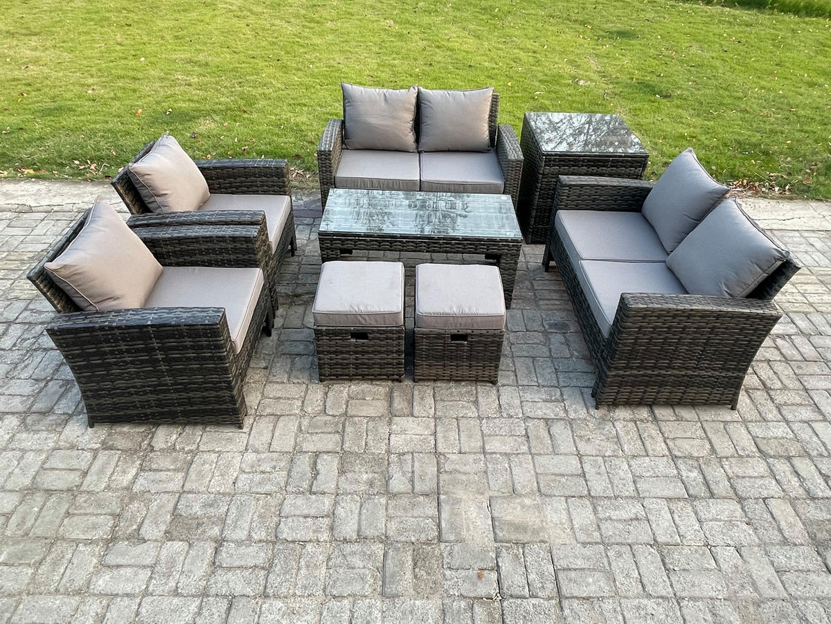 GARTENMÖBEL Set Polyrattan Dunkelgrau 8-Sitzer - Dunkelgrau, Metall - Fimous