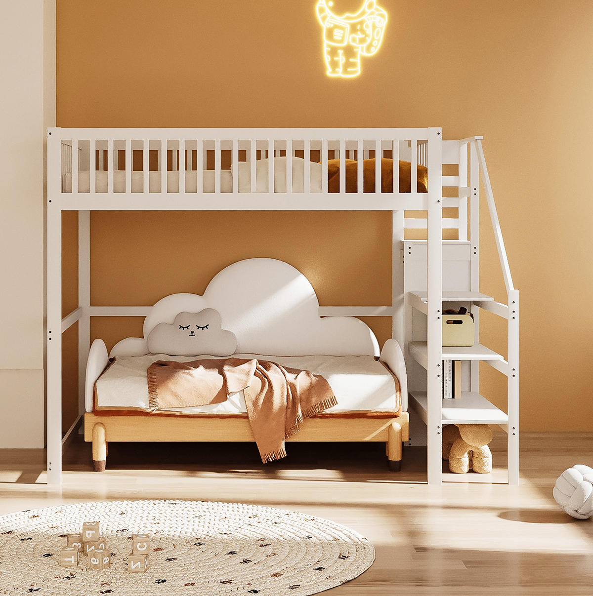 HOCHBETT 140/200 cm Weiß aus Holz mit Treppe und Kleiderschrank - Weiß, Holz (140/200cm) - OKMYHOME