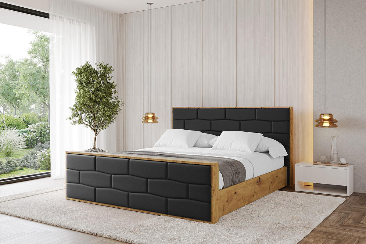 POLSTERBETT mit Bettkasten, Fußteil und Lattenrost, Boxbett mit Matratze H3/H4 - ENZO8-Z 160x200 Schwarz Kunstleder - Schwarz Hochglanz, Holzwerkstoff/Textil (160/200cm) - ALTDECOR