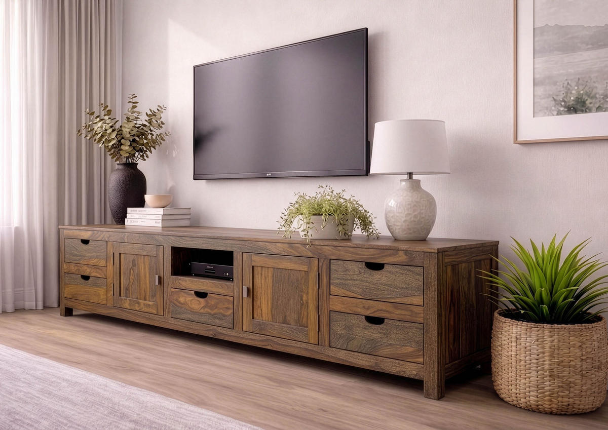 TV-BOARD Sheesham 260x45x56 grau geölt NATURE GREY #39 - Grau, Holz (260/56/45cm) - Massivmoebel24