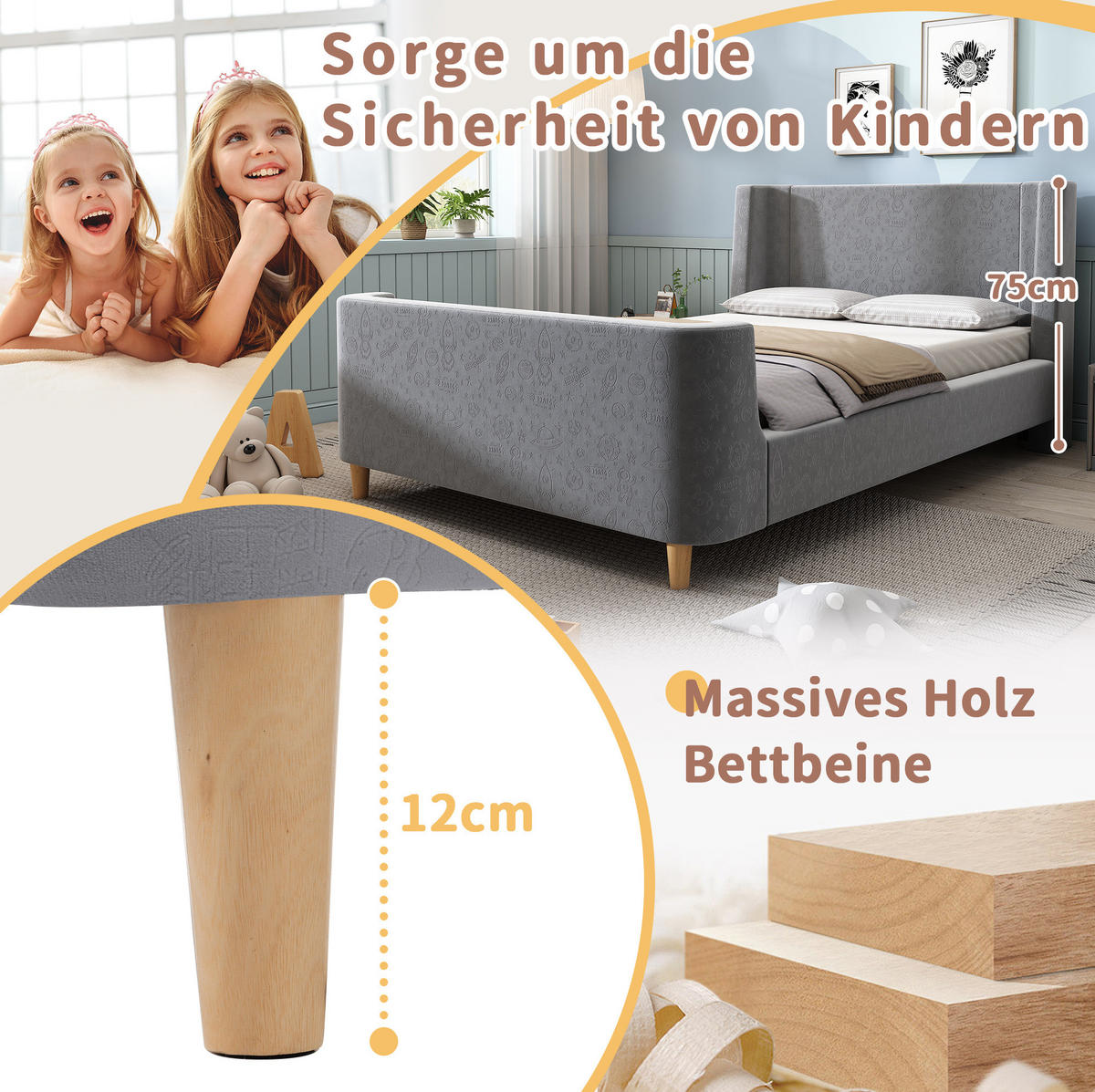 KINDERBETT 90/200 cm Grau aus Samt im Schlittenbett-Design - Grau, Textil (90/200cm) - OKMYHOME