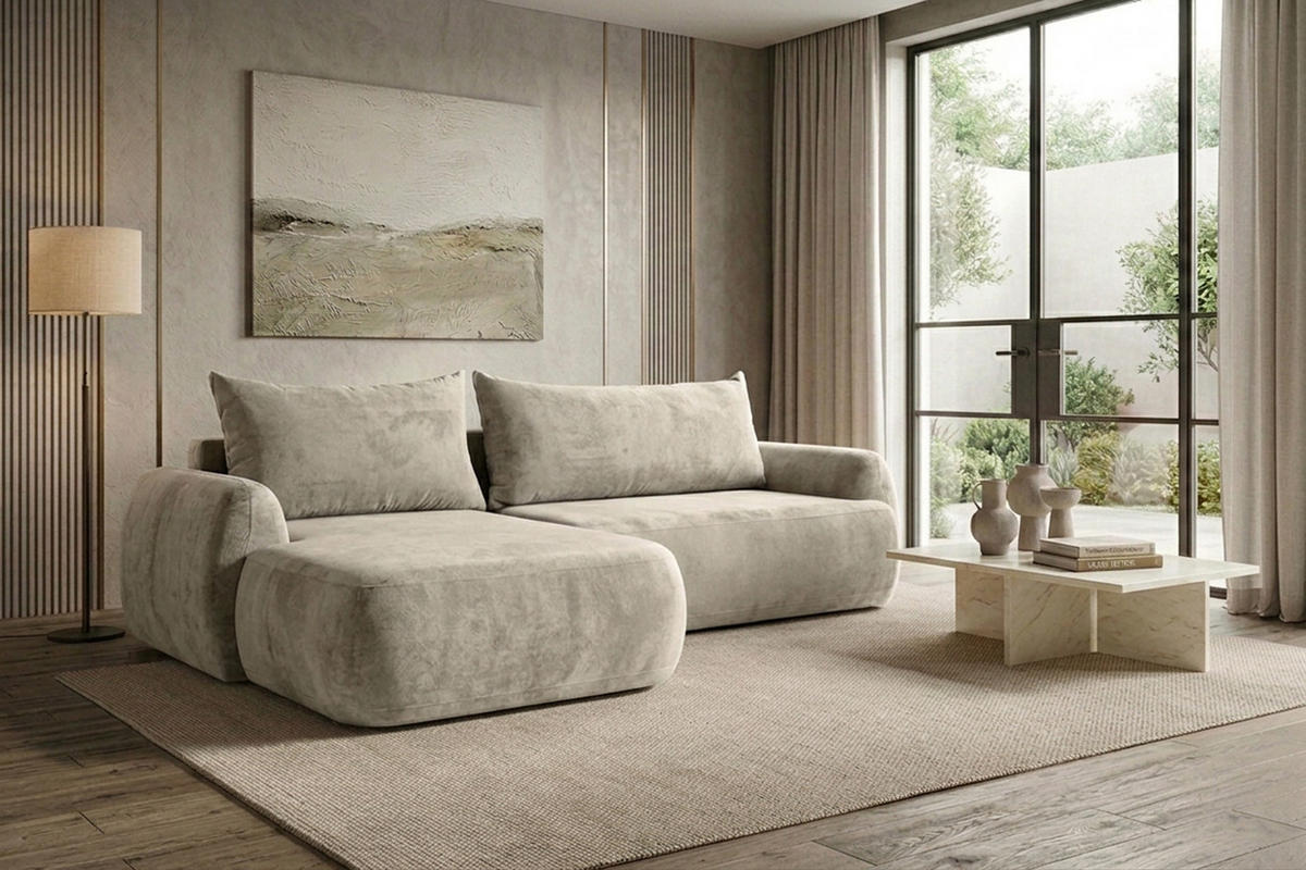 ECKSOFA Mit Schlaffunktion Und Bettkasten, Chenille-Stoff Perfecto, Beige, Links, HELA II - Beige, Holz (280/184cm) - Kaiser Möbel