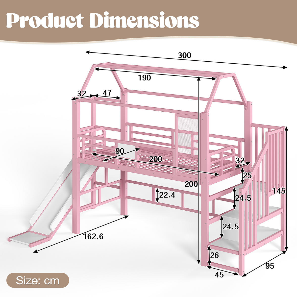 HOCHBETT 90/200cm mit Rutsche, LED/Treppe, Metall, Rosa - Rosa, Metall (90/200cm) - LVHOM