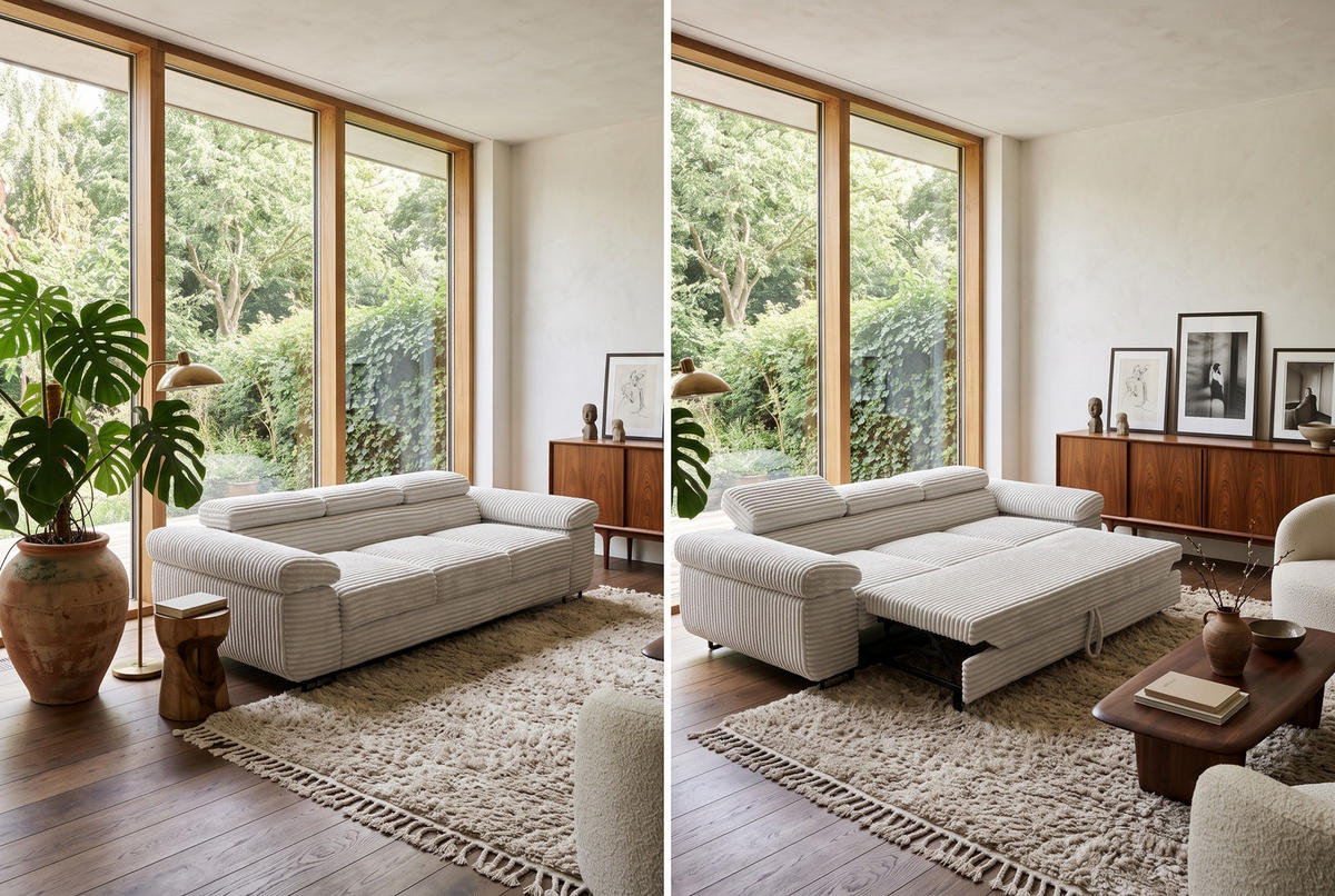 GUSTAW Sitzgarnitur 3+2+1, Schlafsofa 3-Sitzer, Cordbezug Ecru - Ecru, Textil (225/92/101cm) - KS Home Concept