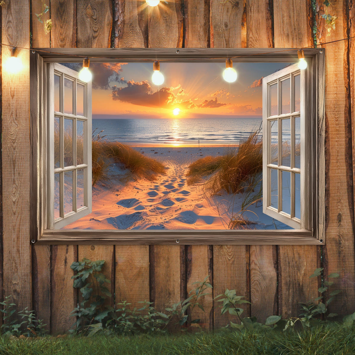 GARTENPOSTER Durchblick - Strand - Dünen - Sonnenuntergang 180x120 cm - Orange, Kunststoff (180/120/0.2cm) - OnlyWow