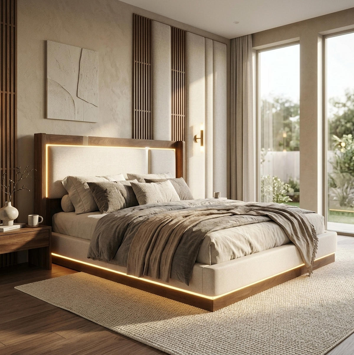 POLSTERBETT aus Leinen, Holz und Metall 180x200 cm Beige/Walnuss mit LED-Beleuchtung, Bettkasten und Lattenrost - Beige, Textil (180/200cm) - Modfu