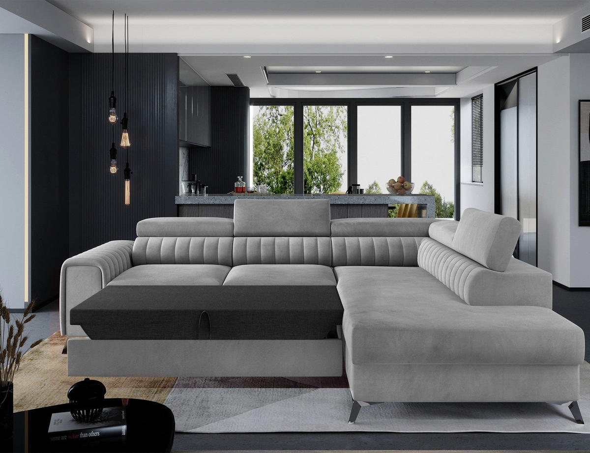 ECKSOFA Laurence mit Schlaffunktion & Bettkasten – 278 x 205 cm, verstellbare Kopfstützen - Grau, Kunststoff (278/205cm) - Wohnideebilder