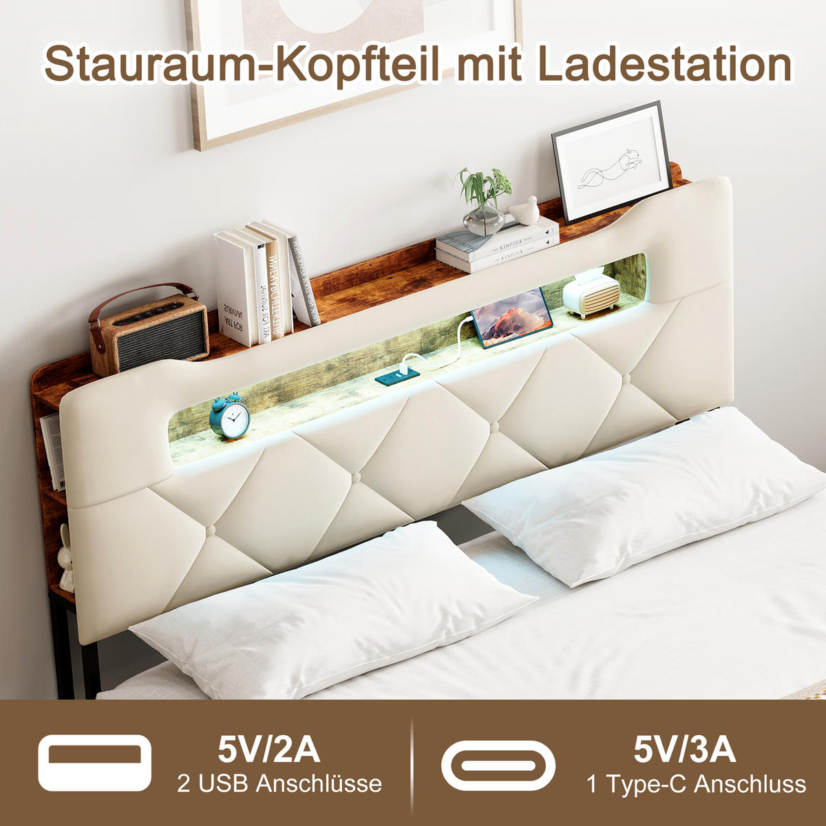 POLSTERBETT 140x200 cm Beige Stoff LED USB 4 Schubladen - Beige, Holz (140/200cm) - SHOPENTRA