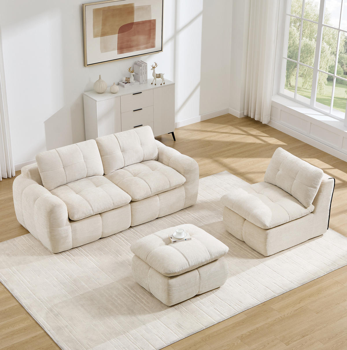SOFA 264/160/68 cm in Beige aus Chenille mit Ottoman und flexiblem Design - Beige, Textil (160/68/264cm) - Flora Grace