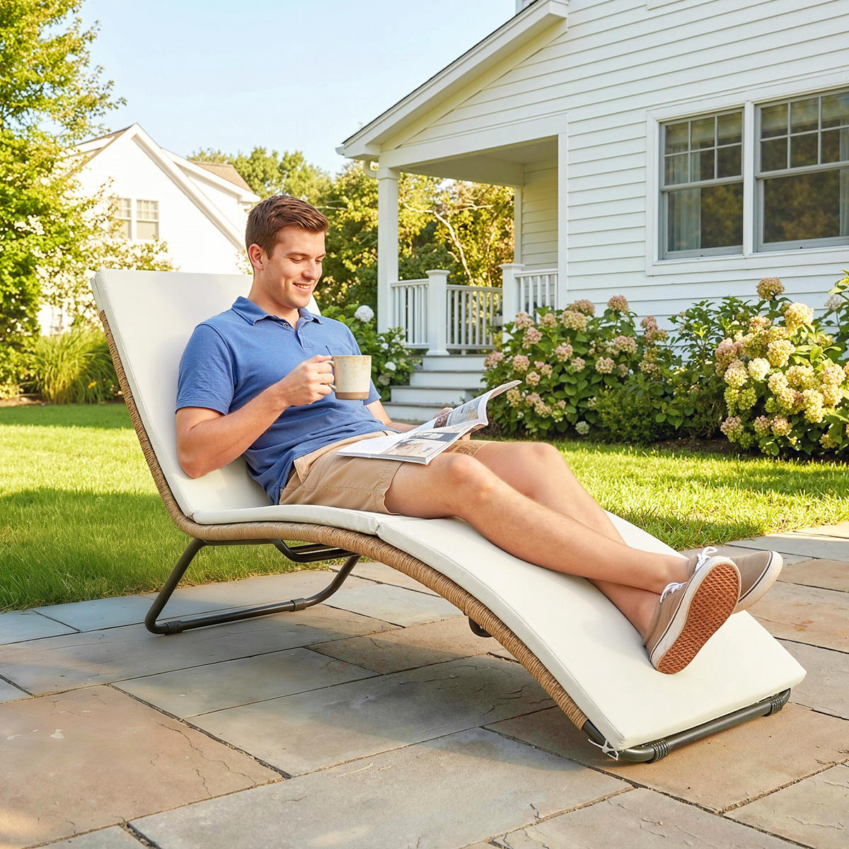 RATTAN-SONNENLIEGE Stahl PE-Rattan Cremeweiß - Creme/Schwarz, Textil/Metall (57/80/175cm) - Outsunny