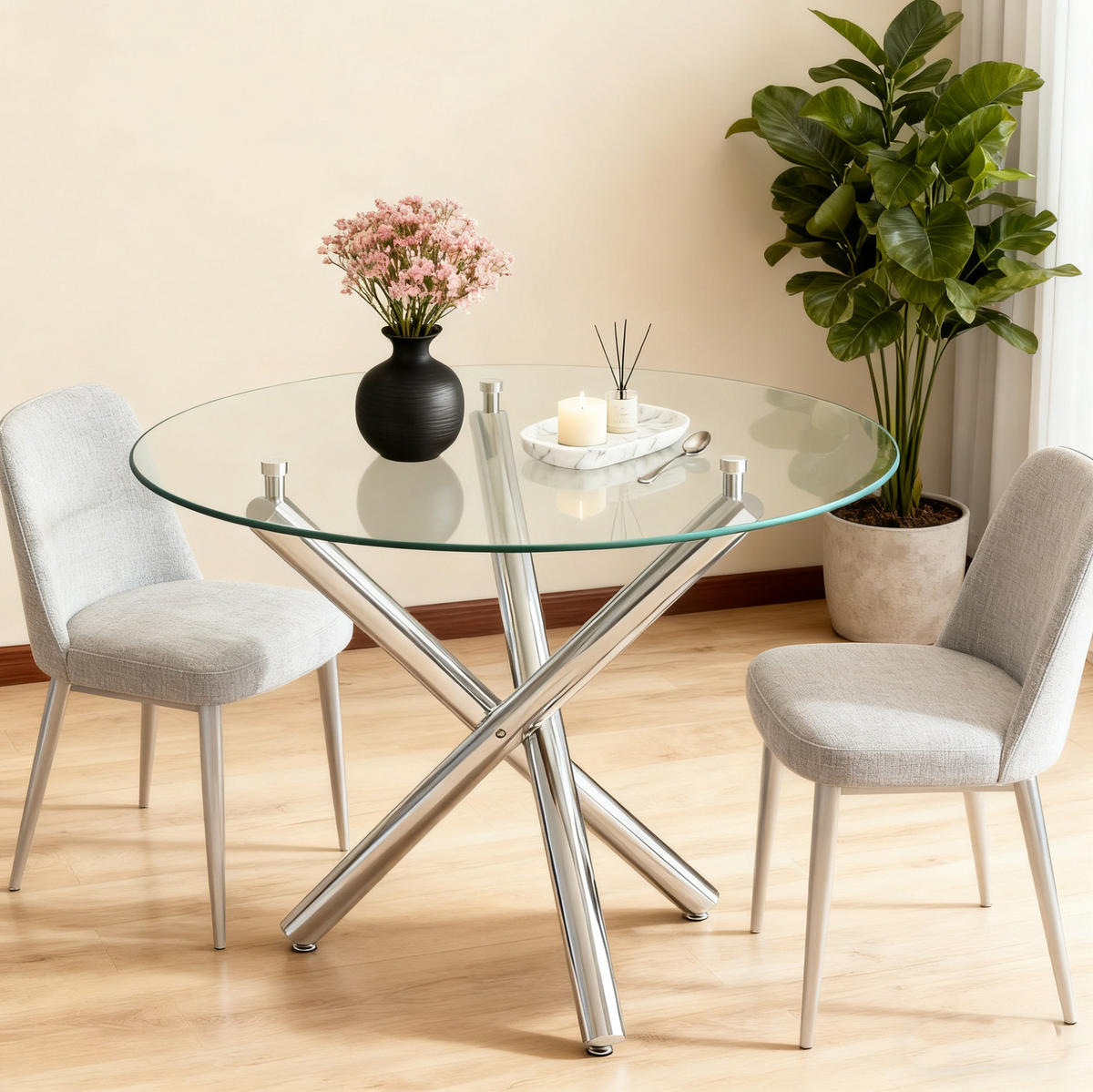ESSTISCH 80/80/76 cm silber aus Glas mit verstellbaren Gleitern - Silberfarben, Metall (80/80/76cm) - OKWISH