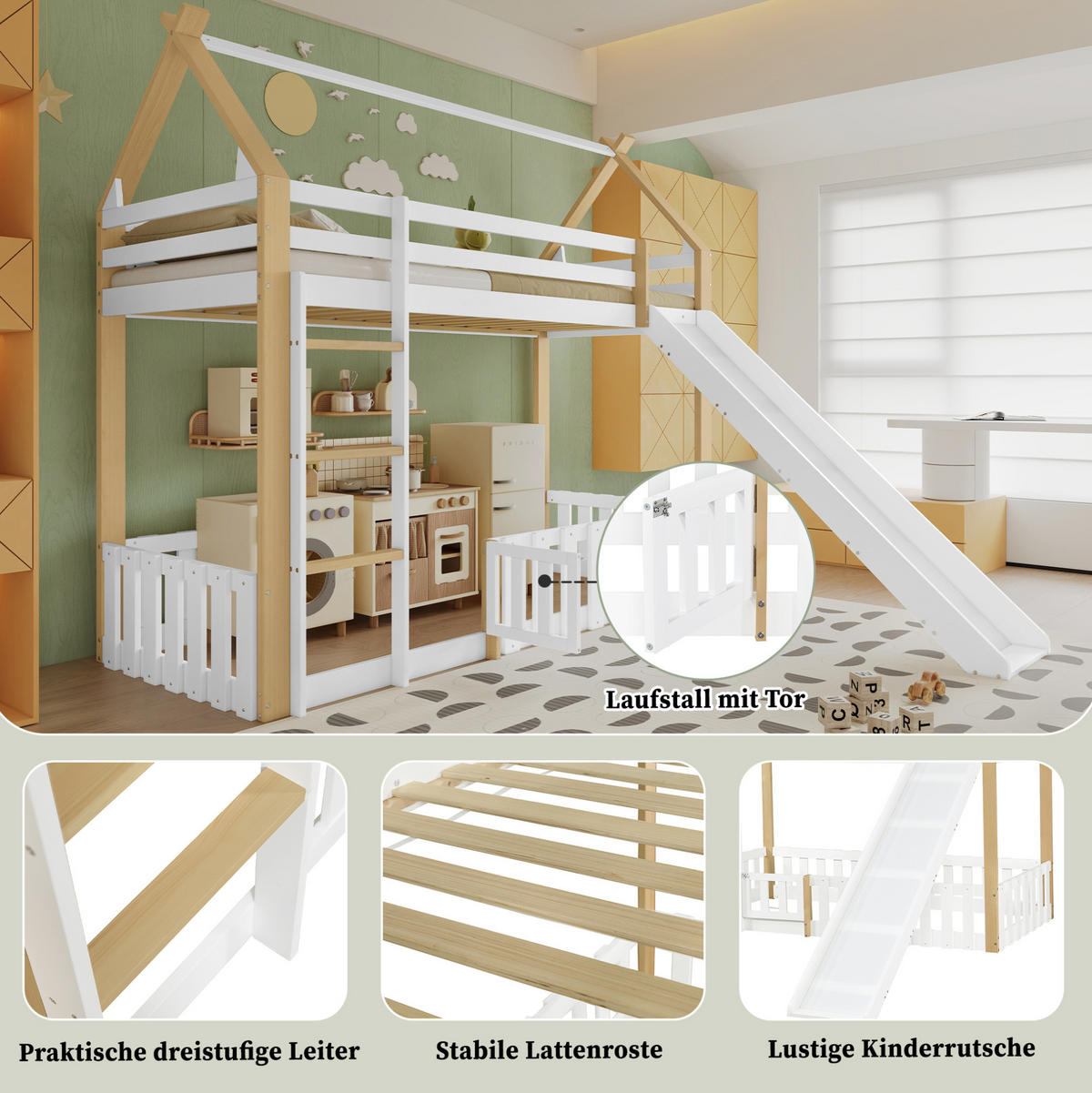 HAUSBETT 90/200 cm Weiß Natur mit Rutsche und Leiter ohne Matratze - Weiß, Holz (90/200cm) - MIVRAY