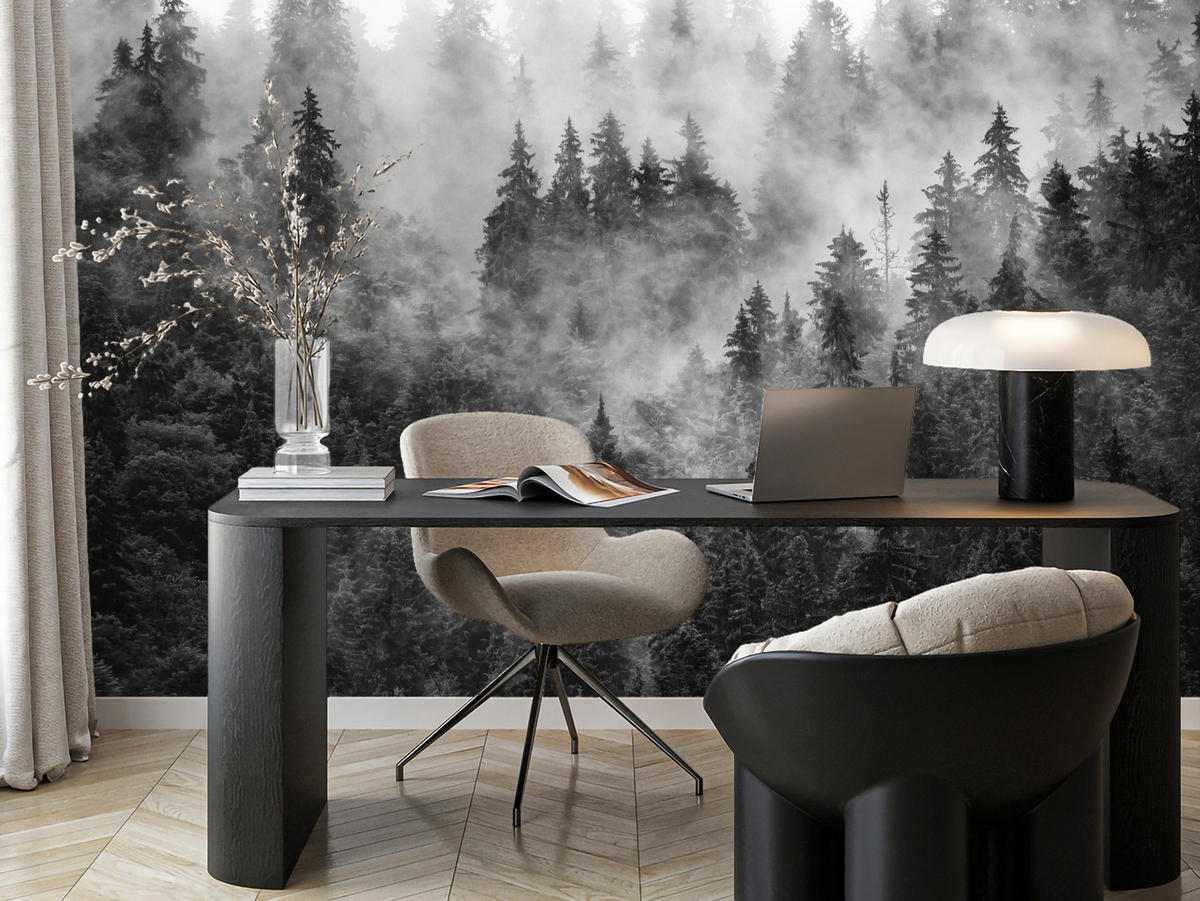 FOTOTAPETE für Wohnzimmer Dichter Nebel Forst Bäume 500x350 - Schwarz/Weiß, Papier (500/350cm) - Muralo