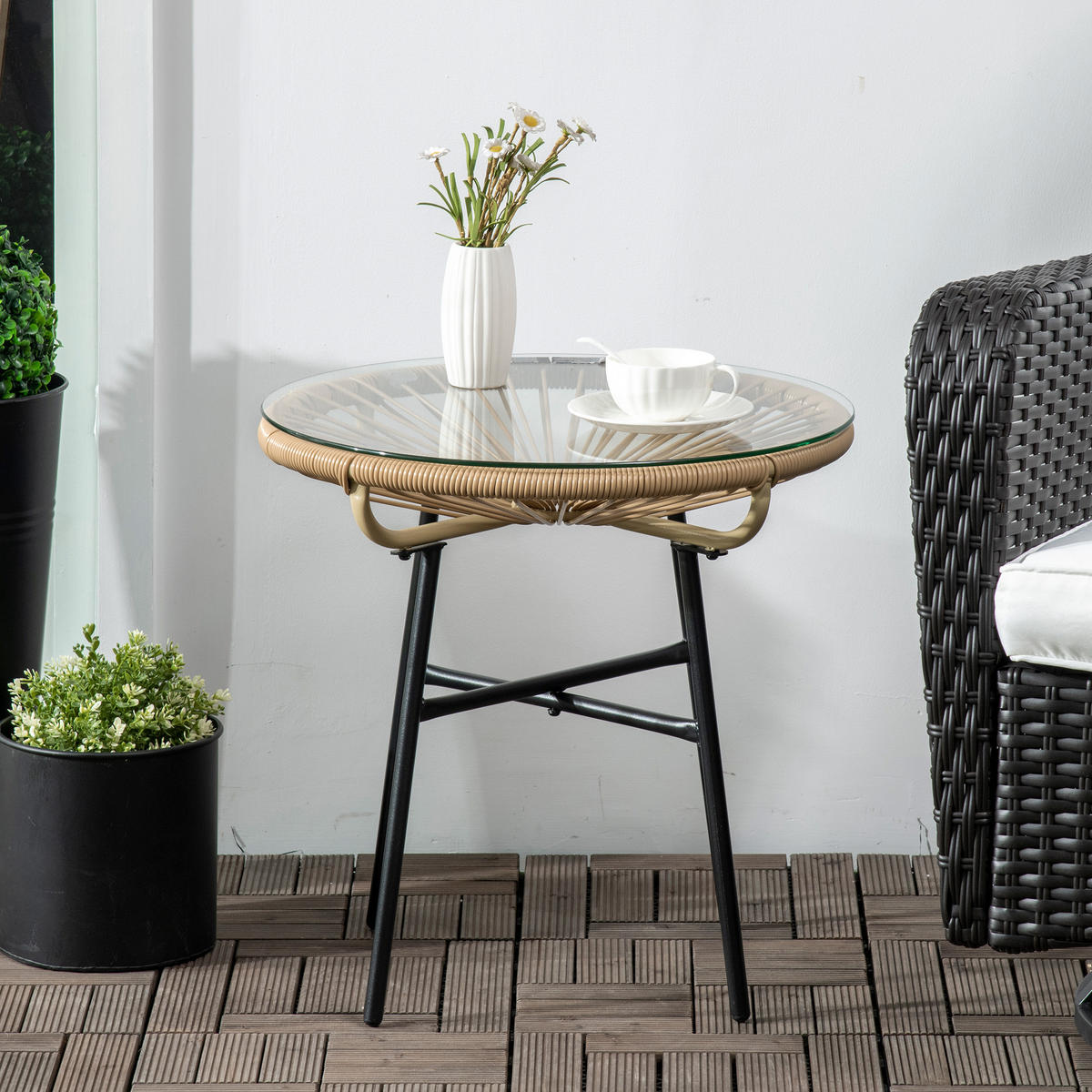 GARTENBEISTELLTISCH DE-13573 rund, Glasplatte, Rattanoptik - Schwarz, Metall (50/50/50cm) - ComfortXL