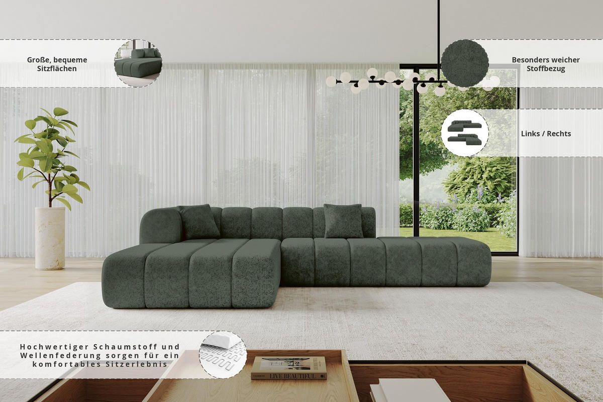 ROHOVÁ SEDAČKA s otomanem, levá BILA-L 289x176x71 Zelená Žinylka - černá/smaragdově zelená, kompozitní dřevo/textil (176/289cm) - ALTDECOR