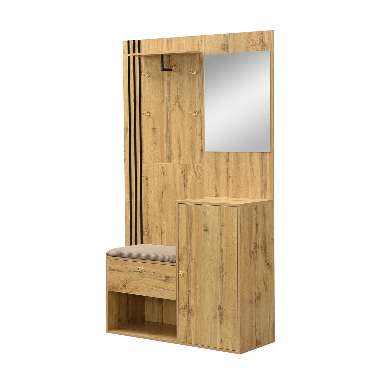 GARDEROBE 115/185/37 cm Natur/Schwarz aus MDF mit Spiegel und Sitzfläche - Naturfarben, Holzwerkstoff (37/185/115cm) - OKMYHOME