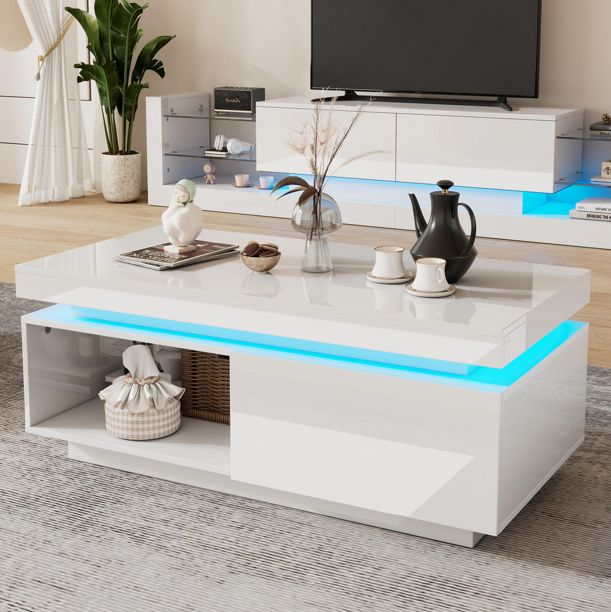 COUCHTISCH aus Spanplatte 100x50x40 cm in Weiß mit LED-Beleuchtung - Weiß, Holzwerkstoff (100/50/40cm) - Modfu
