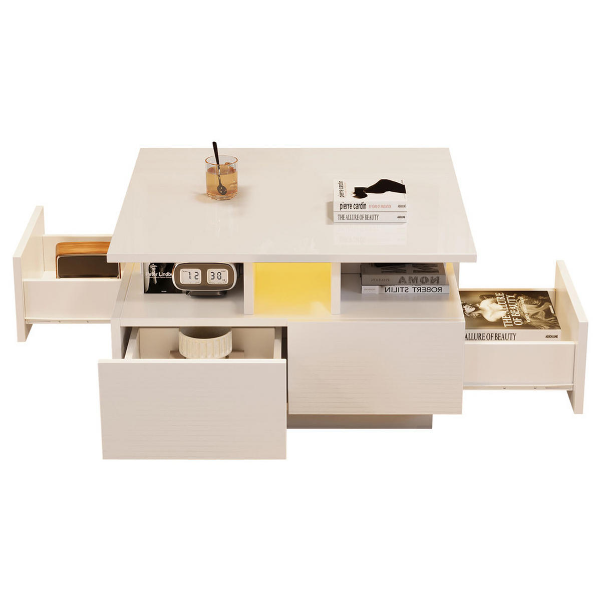 COUCHTISCH 70x70cm Weiß Hochglanz LED 4 Schubladen Geometrisch 30kg Belastung - Weiß, Holz (52.07/49.61/20.32cm) - FLIEKS