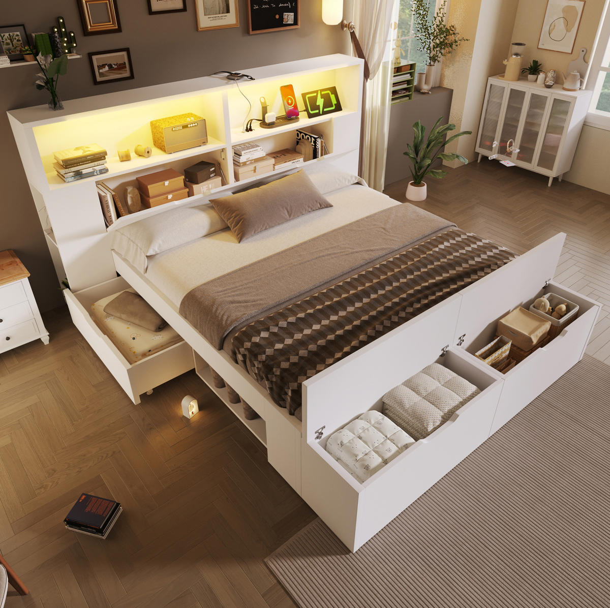 POSTEL 140/200 cm s LED osvětlením, USB porty, úložným prostorem, zásuvkami a lavicí, Bílá - bílá, kompozitní dřevo (140/200cm) - Redom