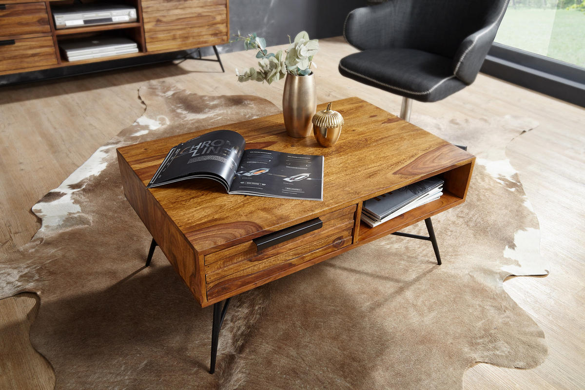 COUCHTISCH Massivholz Industrial-Design mit einzigartiger Maserung, 87x55x41cm - Schwarz/Braun, Holz/Metall (55/87/41cm) - KADIMA DESIGN