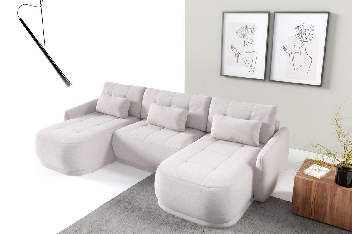 WOHNLANDSCHAFT Krabi Beige, U-Form mit Schlaffunktion - Beige, Textil (332/93/167cm) - Bettso