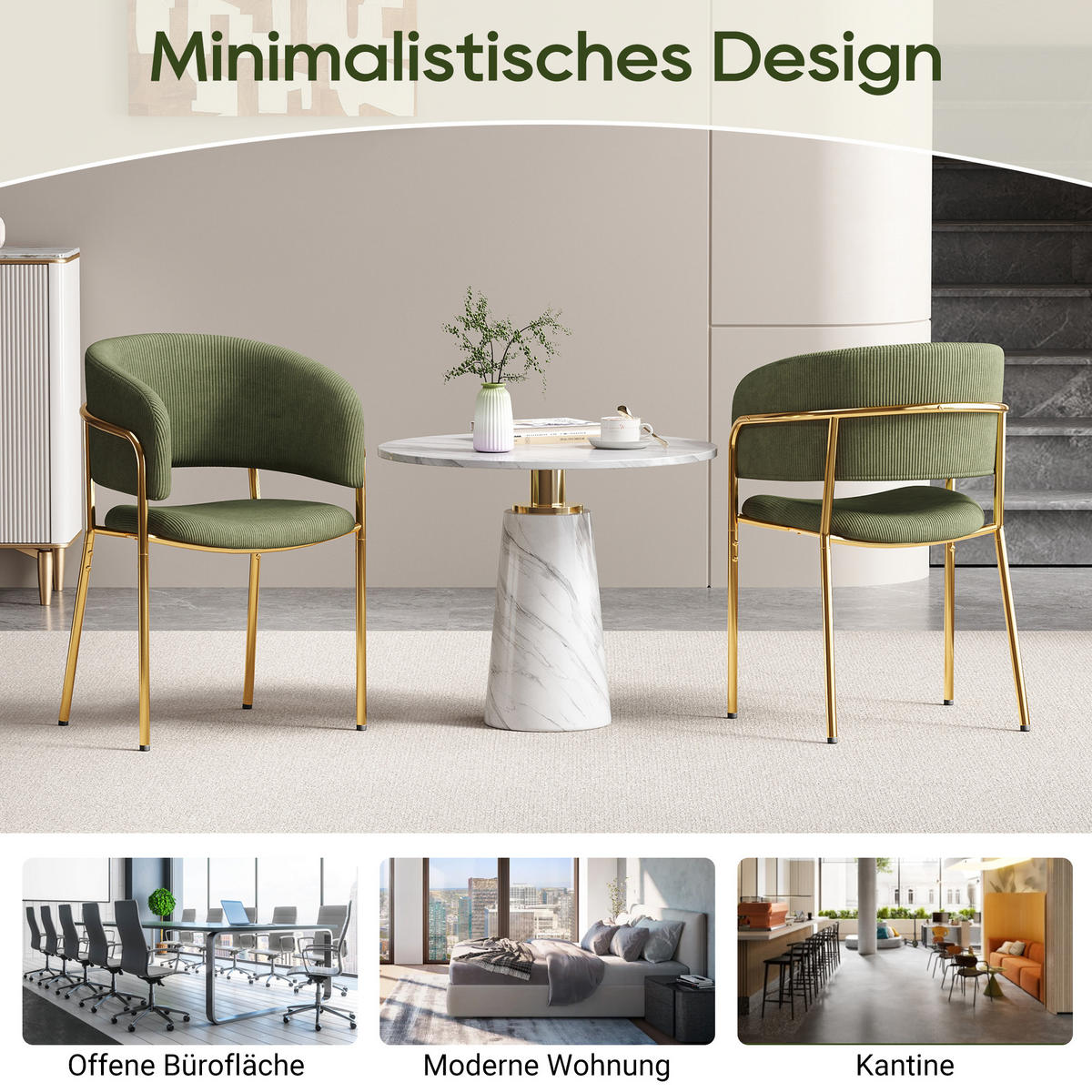 ESSZIMMERSTUHL 2 Stück 55×55×80 cm aus Metall-Holz Gestell Cordstoff, grün - Grün, Metall (55/80/55cm) - Luhomfu