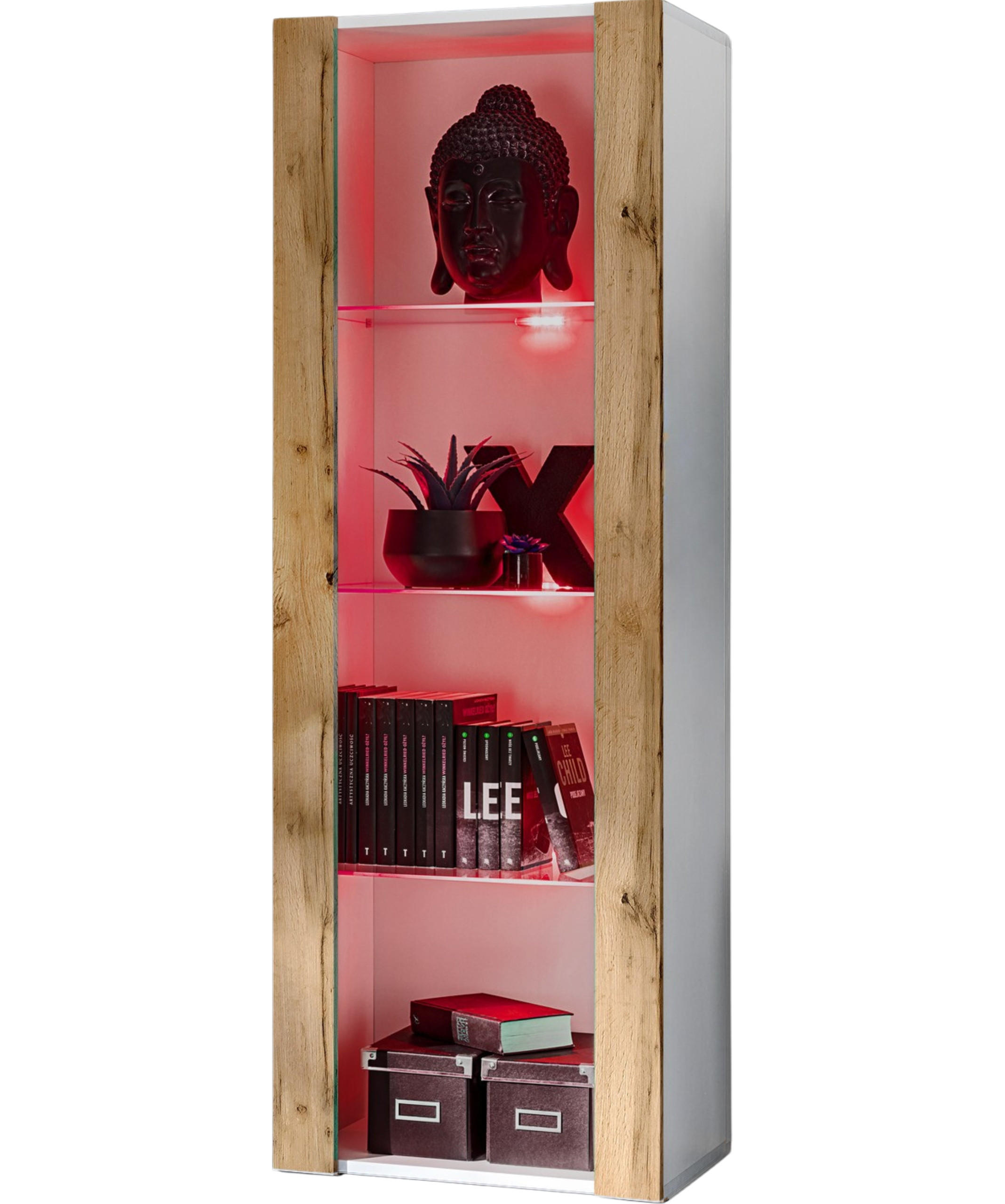 Komodee Vitrine Weiß, Eiche Wotan 55x159x35 cm