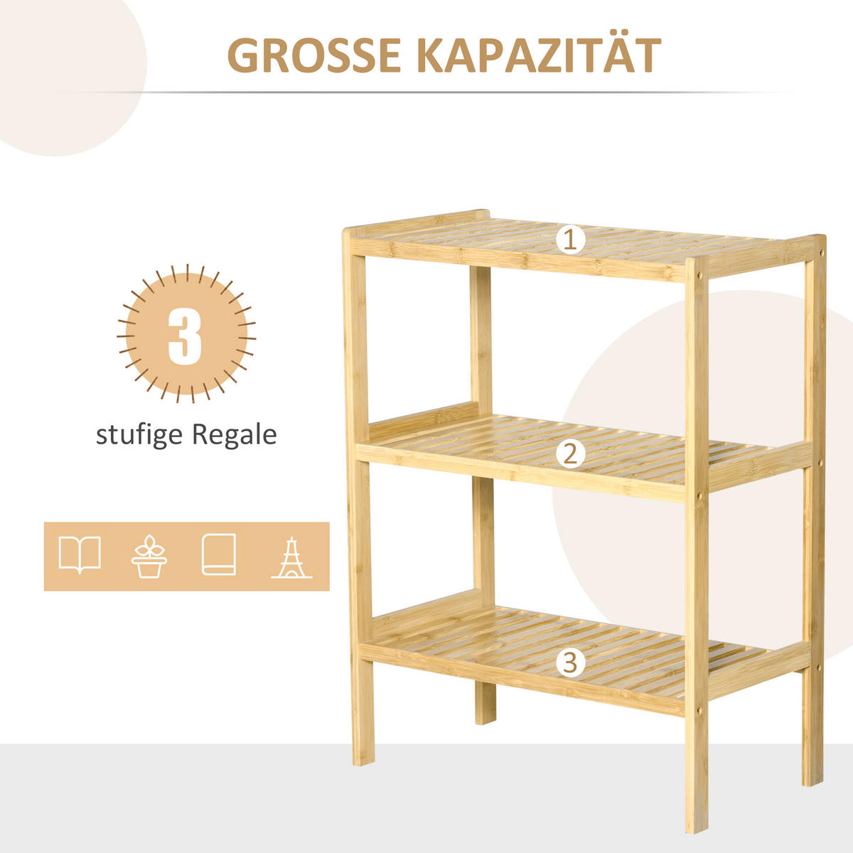 BADREGAL Standregal mit 3 Ebenen, Bambusregal, Küchenregal, für Bad, Küche - Naturfarben, Naturmaterialien (33/80/62cm) - HOMCOM