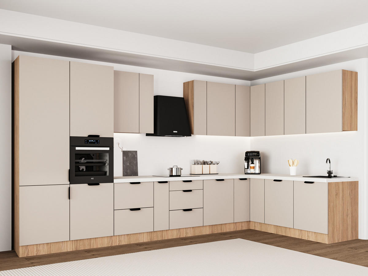 WINKELKÜCHE 405cm x 205 cm - Sorento KS5-M405 - in Beige / Sonoma Eiche - Beige/Schwarz, Holz (610/247/58cm)