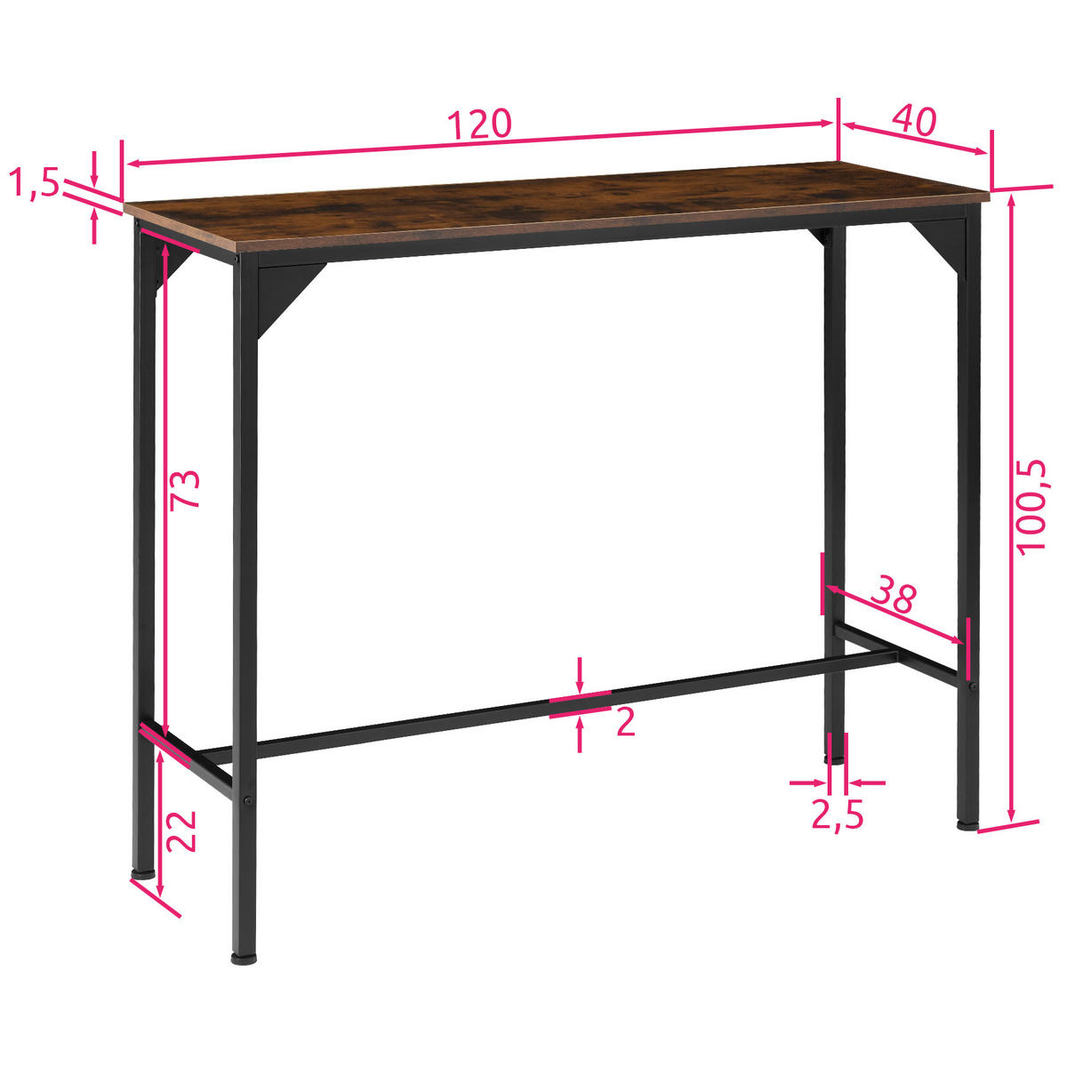 BARTISCH Kerry,120 x 40 x 100,5 cm,Industrial Holz dunkel, rustikal - Rostfarben, Holz (40/100.5/120cm) - tectake