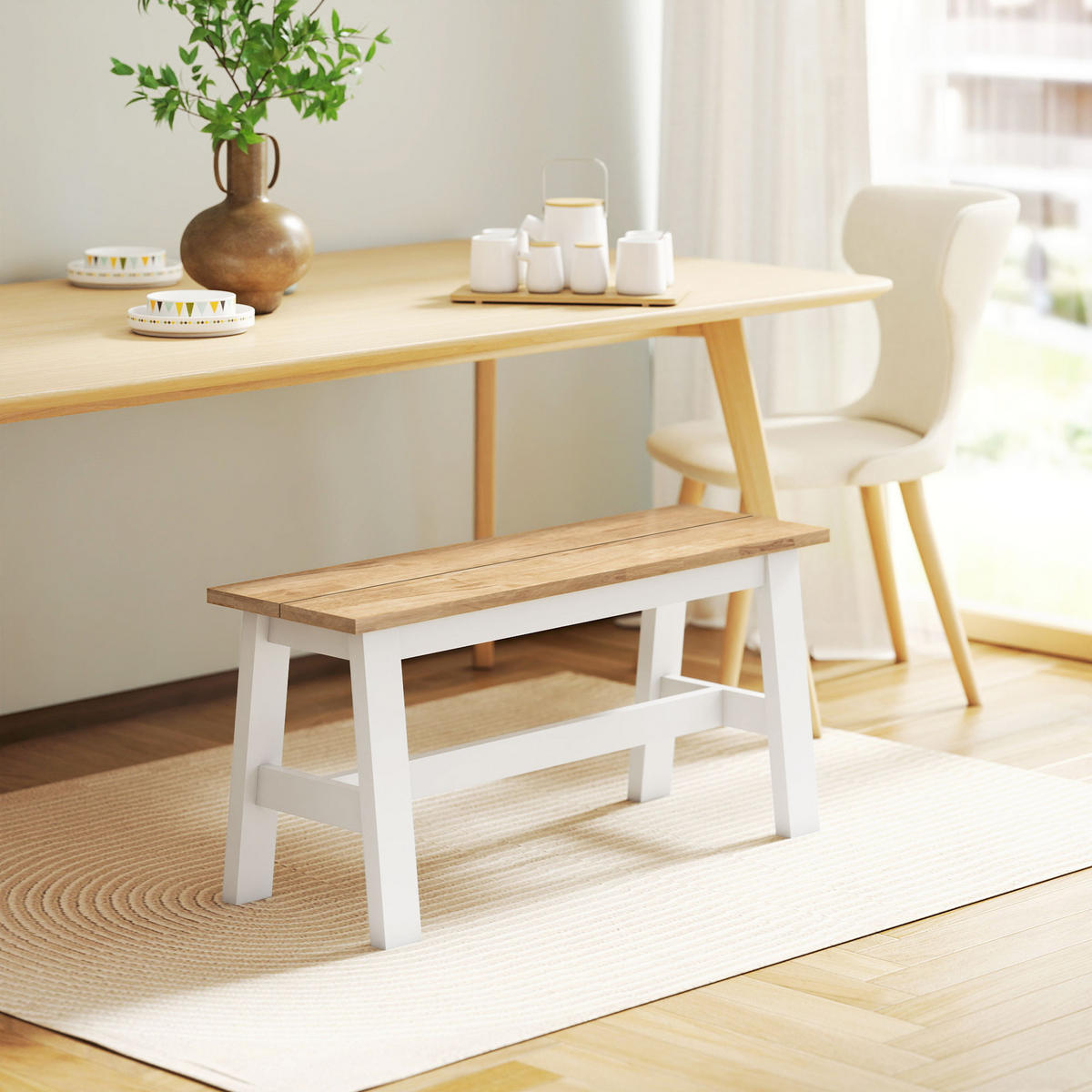 SITZBANK für Esszimmertisch Küchenbank Modern Holzbank Essbank für Eingang Eiche - Eichefarben/Weiß, Holz (30/45/95cm) - HOMCOM