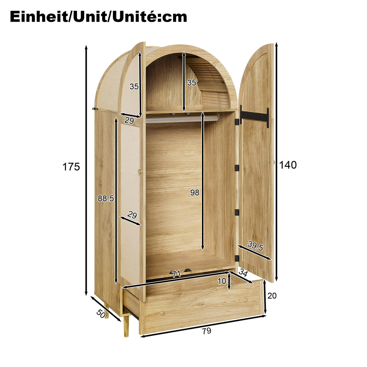 KLEIDERSCHRANK Holz Leinen Schubladen großer Stauraum modern - Eichefarben, Holzwerkstoff (50/175/79cm) - FLIEKS