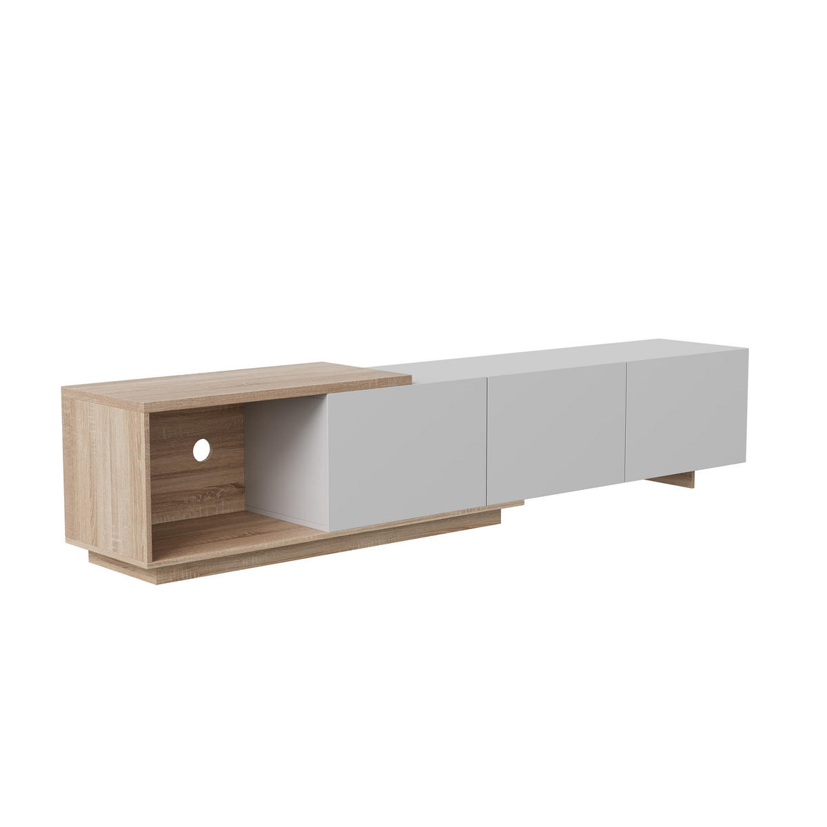 LOWBOARD mit intelligenter Induktions-LED-Beleuchtung, 3 Schubladen und einem offenen Fach, für 65-Zoll - Weiß, Holz (38/44/240cm) - WoodenAura