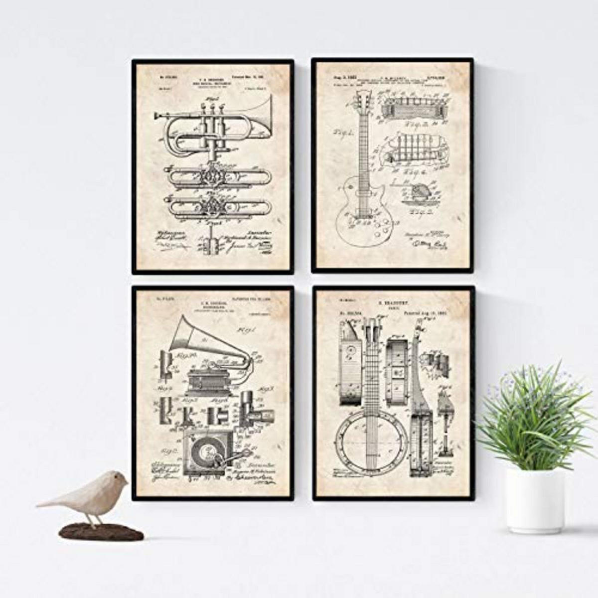 POSTER Set mit 4 Jahrgang MusikPatenten A4 Schwarzer Rahmen - Schwarz, Papier (29.7/3cm) - Nacnic
