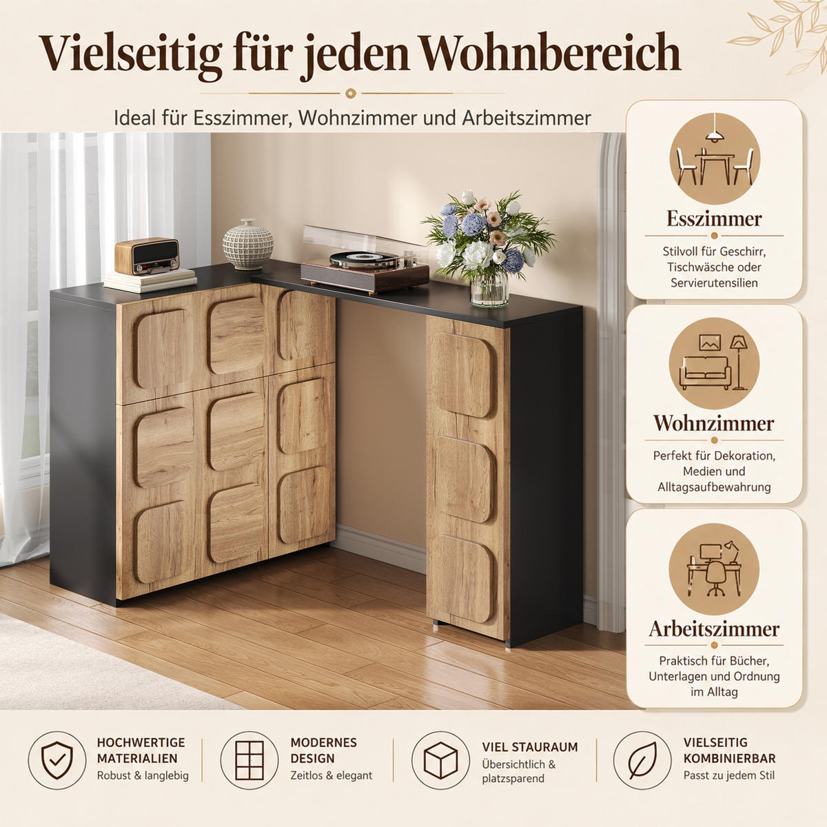 SIDEBOARD mit 3D-Front, flexible/L-Form, 3 Türen 1 Schublade, Holzoptik, Schwarz - Schwarz, Holzwerkstoff (107.5/83.5/35cm) - LVHOM