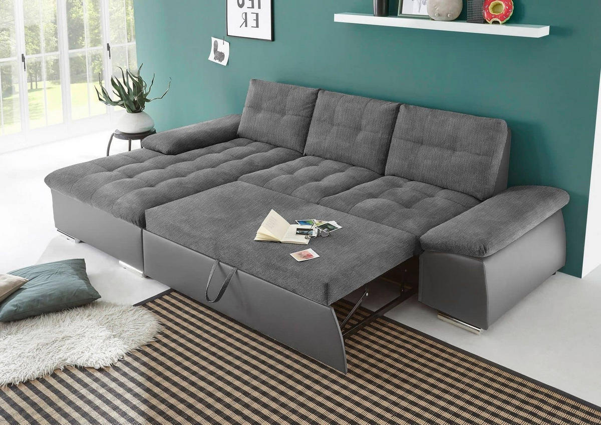 ECKSOFA mit Schlaffunktion und verstellbaren Armlehnen - Chromfarben/Grau, Kunststoff/Textil (268/170cm) - ed exciting design
